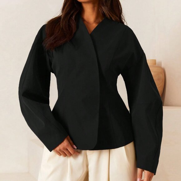 Jackets & Blazers - Black Casual Women's Drop Shoulder Long Sleeve Jacket